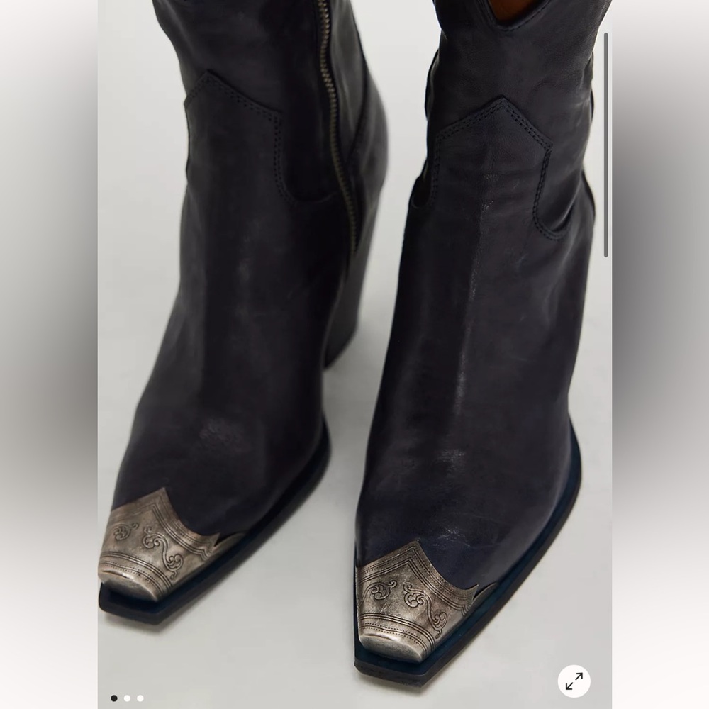 Free People Black Leather Ankle Boots with Silver Embellished Toe Caps